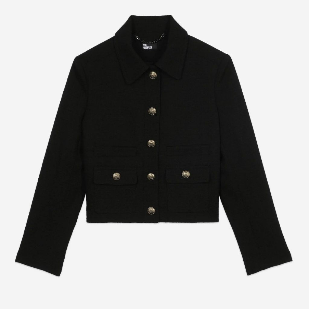 Nwt The Kooples Tweed Flap Pocket Wool Cropped Blazer Jacket Skull Buttons 38